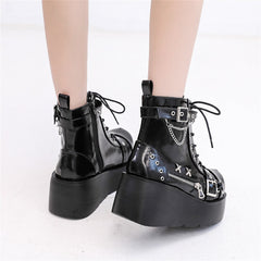 Botas góticas de plataforma con hebilla, cremallera, remaches, cuñas punk, tacones altos, botas, zapatos