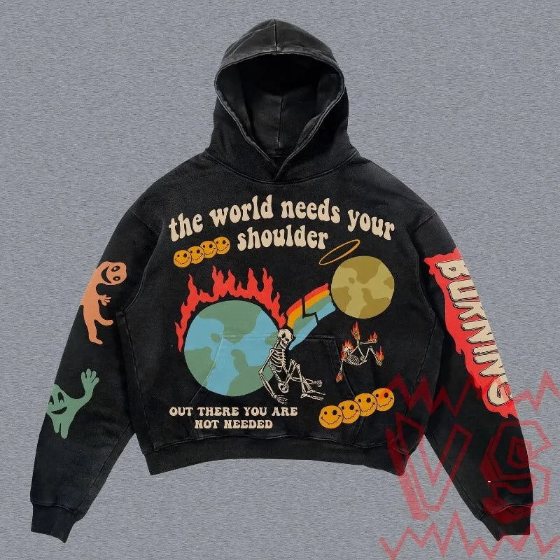 Sudadera con capucha gótica negra extragrande con gráfico para mujer