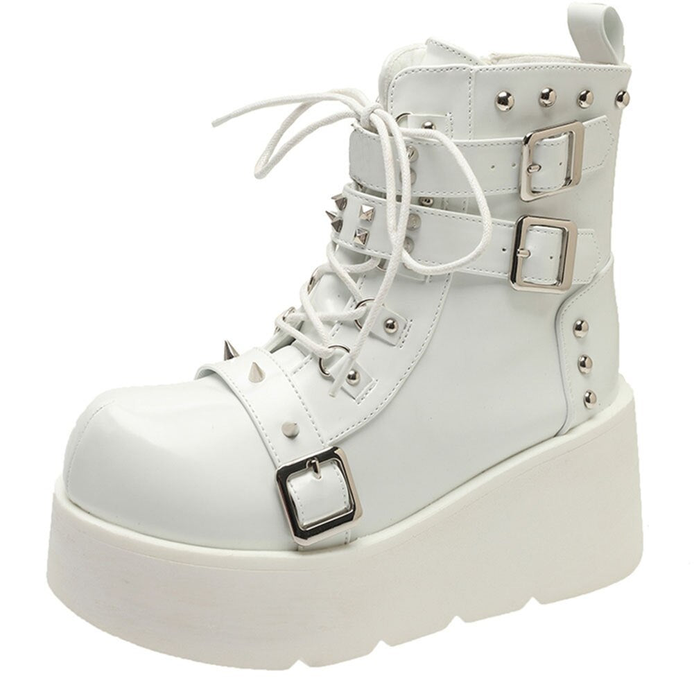 Botas góticas de plataforma con hebilla, cremallera, remaches, cuñas punk, tacones altos, botas, zapatos