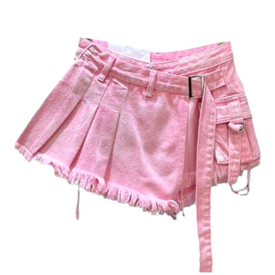 Falda pantalón vaquera mini plisada asimétrica