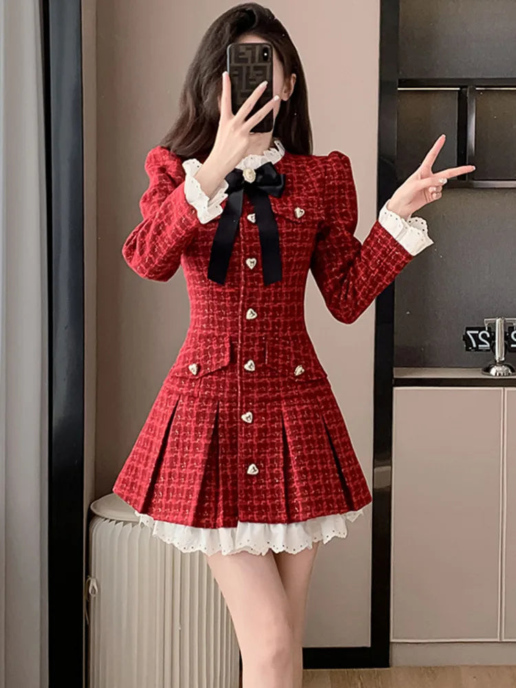 Koreanisches plissiertes Tweed-Bürokleid