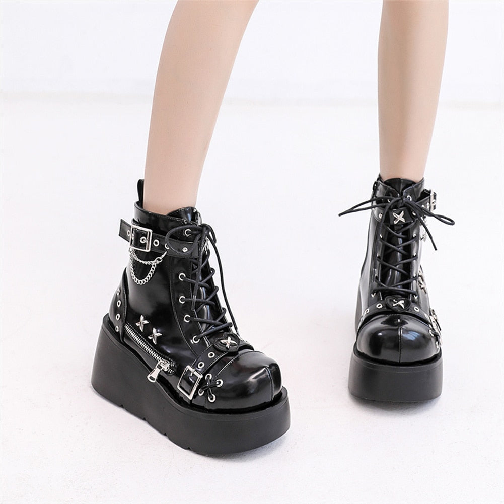 Botas góticas de plataforma con hebilla, cremallera, remaches, cuñas punk, tacones altos, botas, zapatos