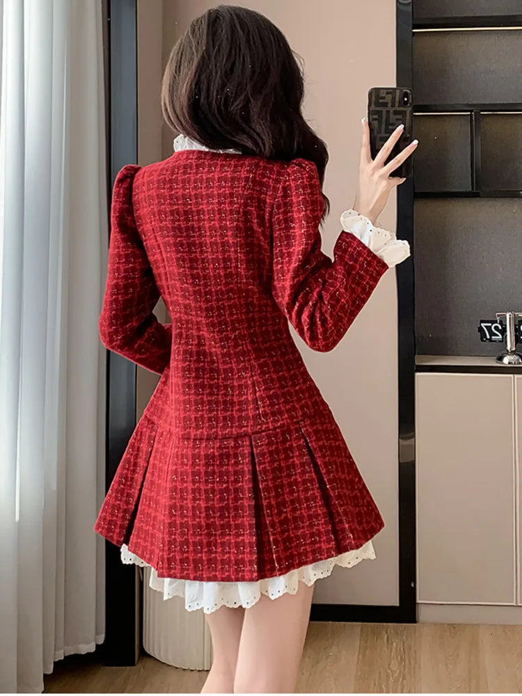Koreanisches plissiertes Tweed-Bürokleid