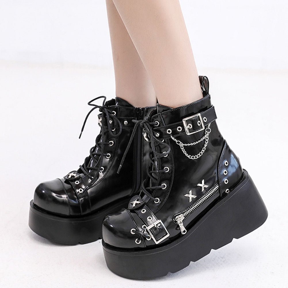 Botas góticas de plataforma con hebilla, cremallera, remaches, cuñas punk, tacones altos, botas, zapatos