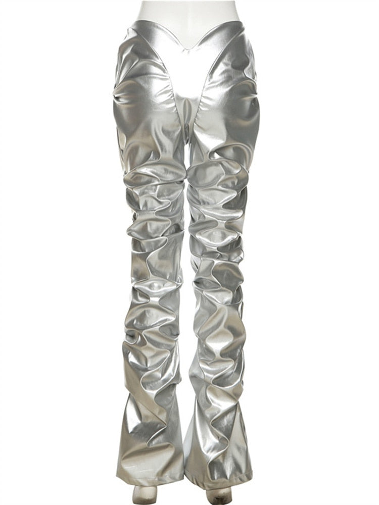 Gianny – Glänzende Bundfaltenhose aus Kunstleder