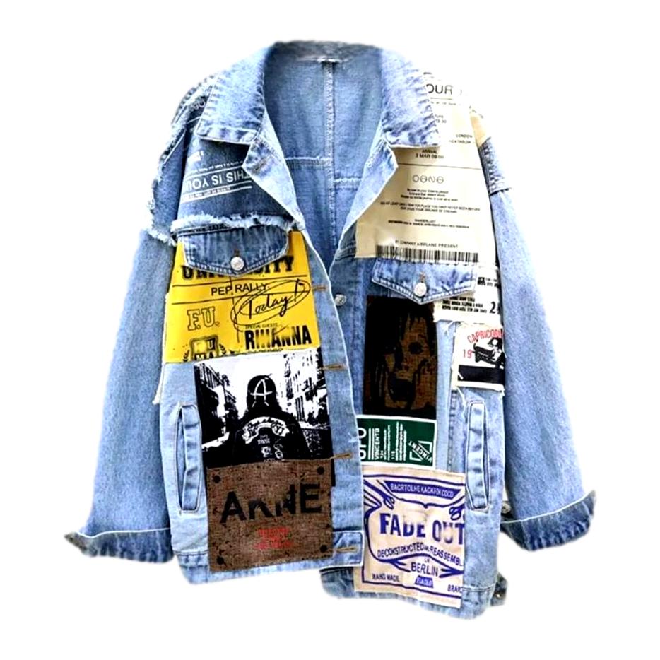 Patchwork-Jeansjacke mit Poster-Print