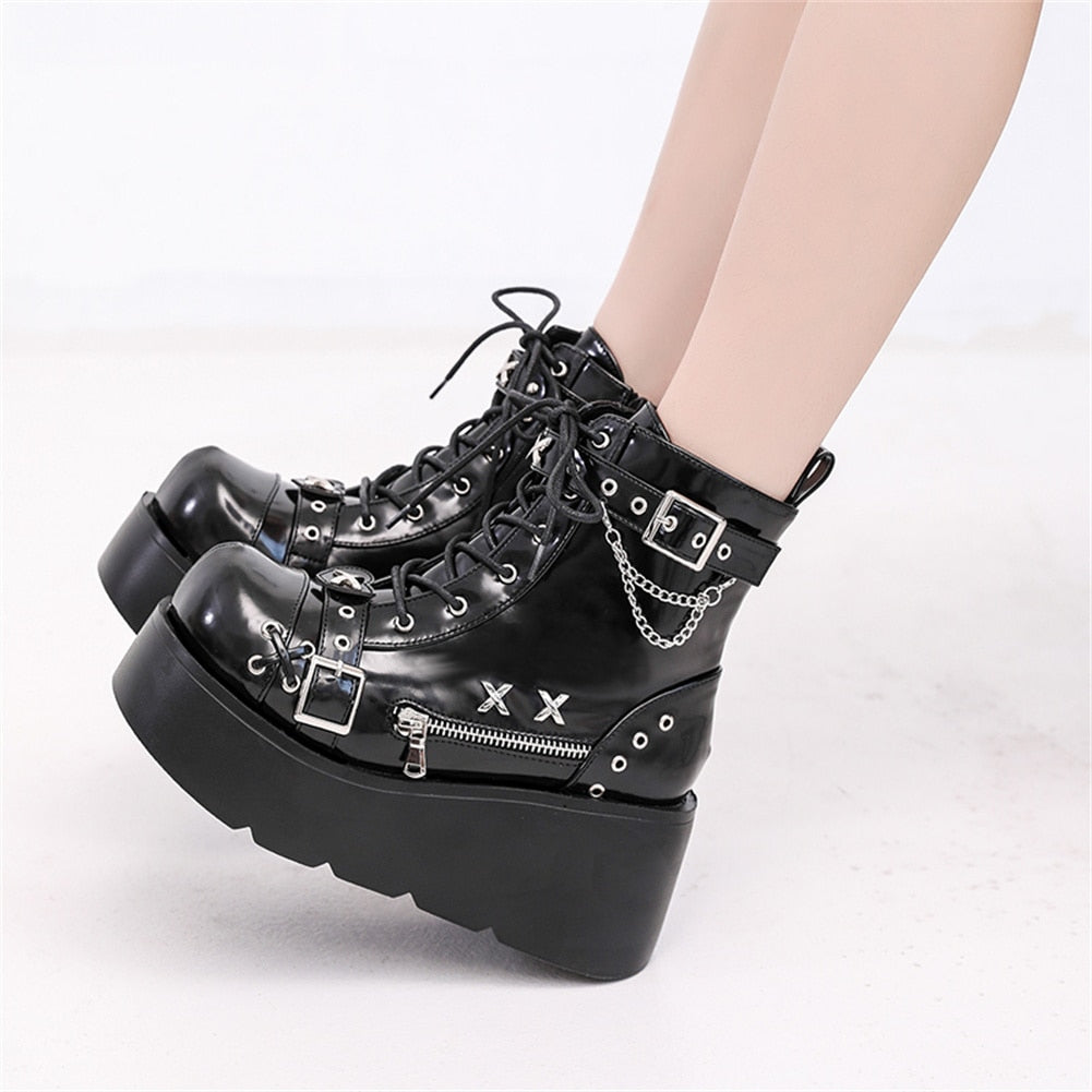 Botas góticas de plataforma con hebilla, cremallera, remaches, cuñas punk, tacones altos, botas, zapatos