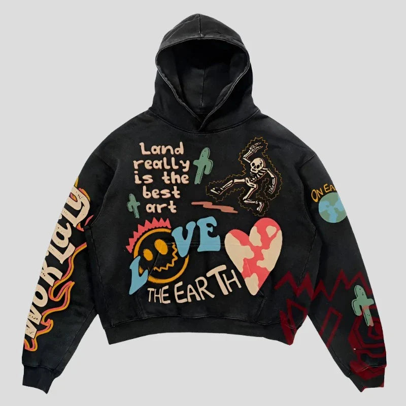 Sudadera con capucha gótica negra extragrande con gráfico para mujer