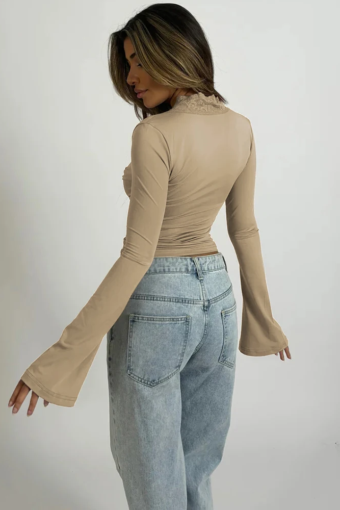 Lace Trimmed Deep V Flared Long Sleeved Top