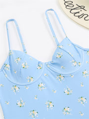 Olive Floral Print Underwired One Piece Swimsuit - Blue
