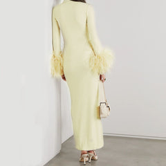 Hochgeschlossenes, langärmliges, figurbetontes Maxikleid mit Federn