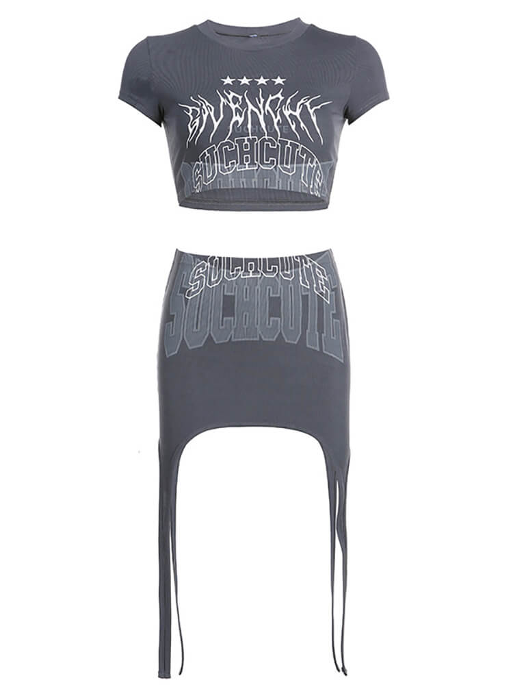 Two Piece Short Sleeve Printed Crop Top & Skirt