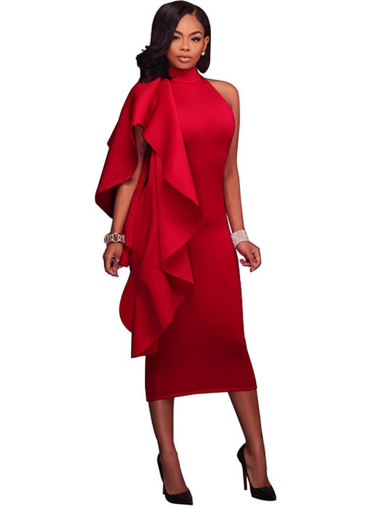 Vestidos midi sin mangas con volantes y cuello alto