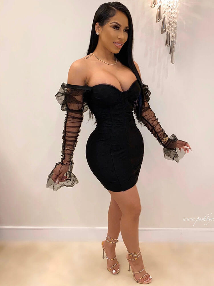Vestidos monocromáticos ajustados con mangas largas abullonadas