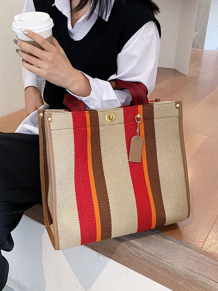Bolsos de hombro tipo tote de lona con estampado de rayas