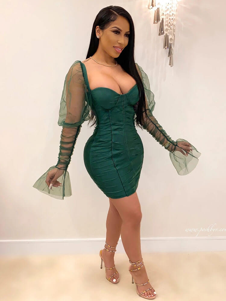 Vestidos monocromáticos ajustados con mangas largas abullonadas