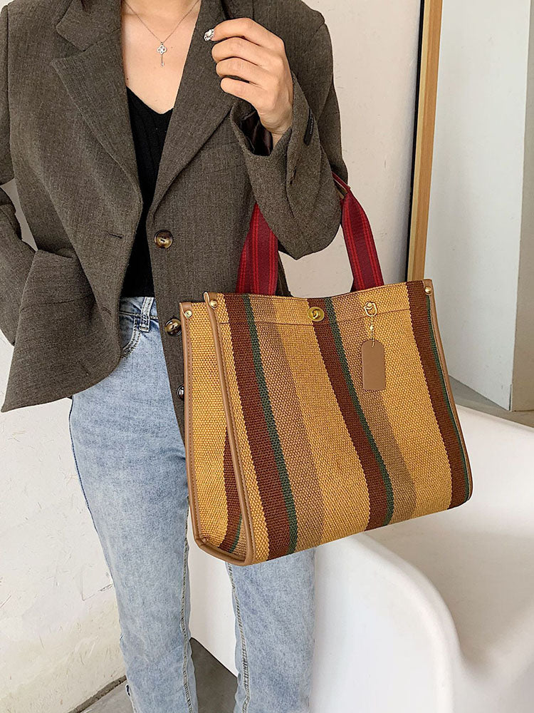 Bolsos de hombro tipo tote de lona con estampado de rayas
