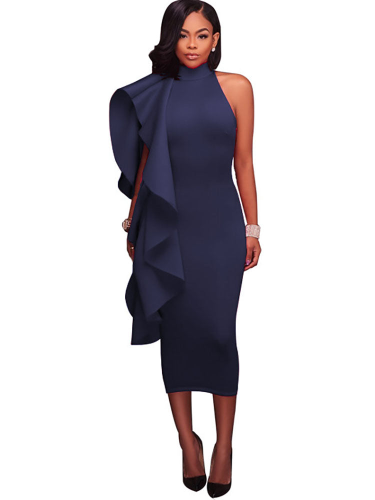 Vestidos midi sin mangas con volantes y cuello alto