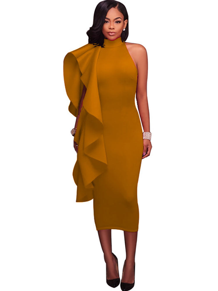 Vestidos midi sin mangas con volantes y cuello alto