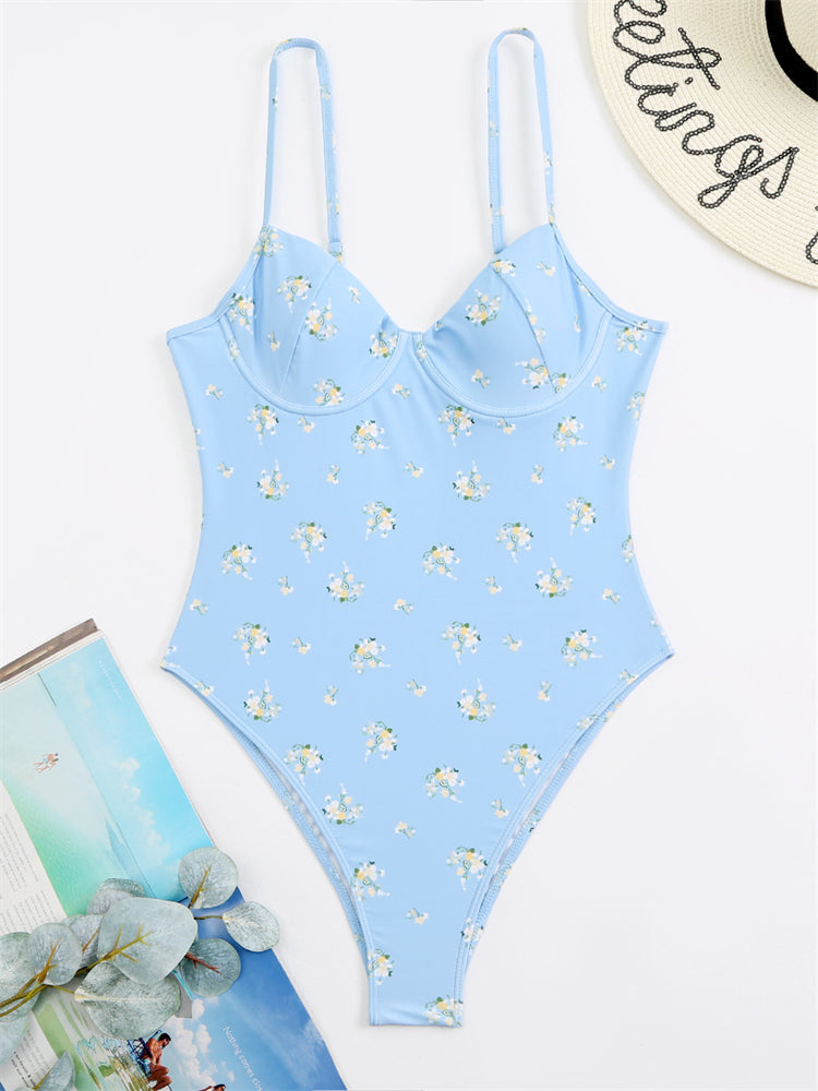 Olive Floral Print Underwired One Piece Swimsuit - Blue