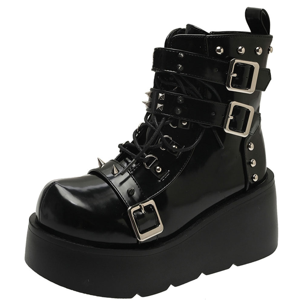 Botas góticas de plataforma con hebilla, cremallera, remaches, cuñas punk, tacones altos, botas, zapatos