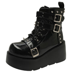Botas góticas de plataforma con hebilla, cremallera, remaches, cuñas punk, tacones altos, botas, zapatos