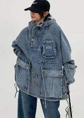 Stilvolles blaues Kapuzentaschen-Kordelzug-Patchwork-Jeanstop