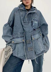 Stilvolles blaues Kapuzentaschen-Kordelzug-Patchwork-Jeanstop