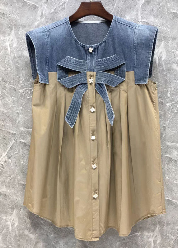 Stilvolles Khaki Denim Bow Patchwork Leinen Baumwollhemd Top