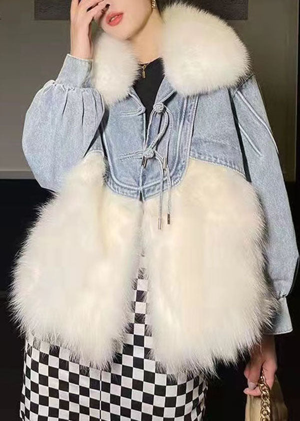 Stilvolle Weiße Quaste Denim Patchwork Fuzzy Pelz Flauschigen Mantel Winter