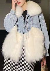 Stilvolle Weiße Quaste Denim Patchwork Fuzzy Pelz Flauschigen Mantel Winter