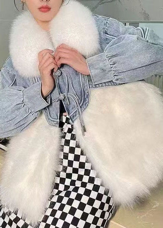 Stilvolle Weiße Quaste Denim Patchwork Fuzzy Pelz Flauschigen Mantel Winter