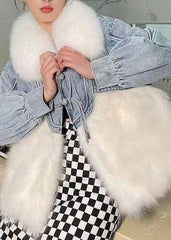 Stilvolle Weiße Quaste Denim Patchwork Fuzzy Pelz Flauschigen Mantel Winter