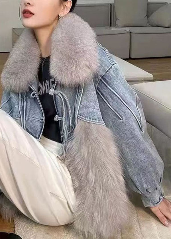 Stilvolle Weiße Quaste Denim Patchwork Fuzzy Pelz Flauschigen Mantel Winter