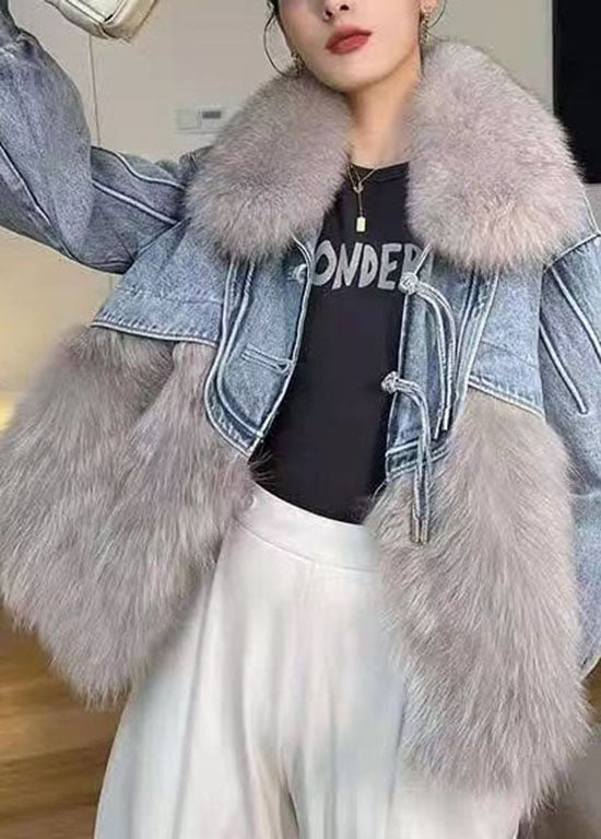 Stilvolle Weiße Quaste Denim Patchwork Fuzzy Pelz Flauschigen Mantel Winter