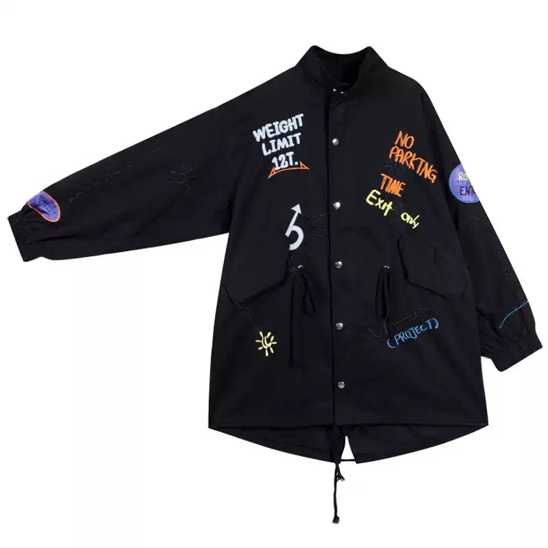 Moderner schwarzer Peter-Pan-Kragen, Reißverschluss, langärmliger Denim-Trenchcoat