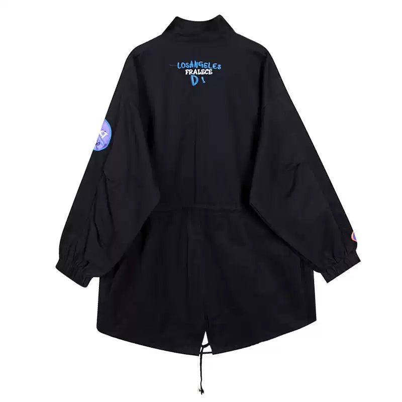 Moderner schwarzer Peter-Pan-Kragen, Reißverschluss, langärmliger Denim-Trenchcoat