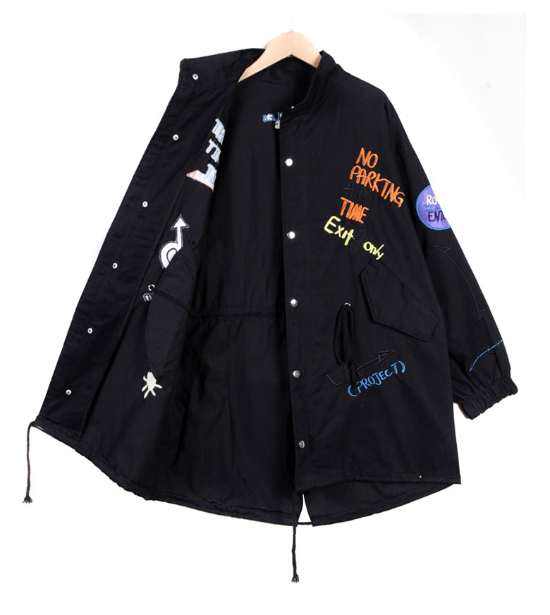 Moderner schwarzer Peter-Pan-Kragen, Reißverschluss, langärmliger Denim-Trenchcoat