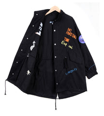 Moderner schwarzer Peter-Pan-Kragen, Reißverschluss, langärmliger Denim-Trenchcoat