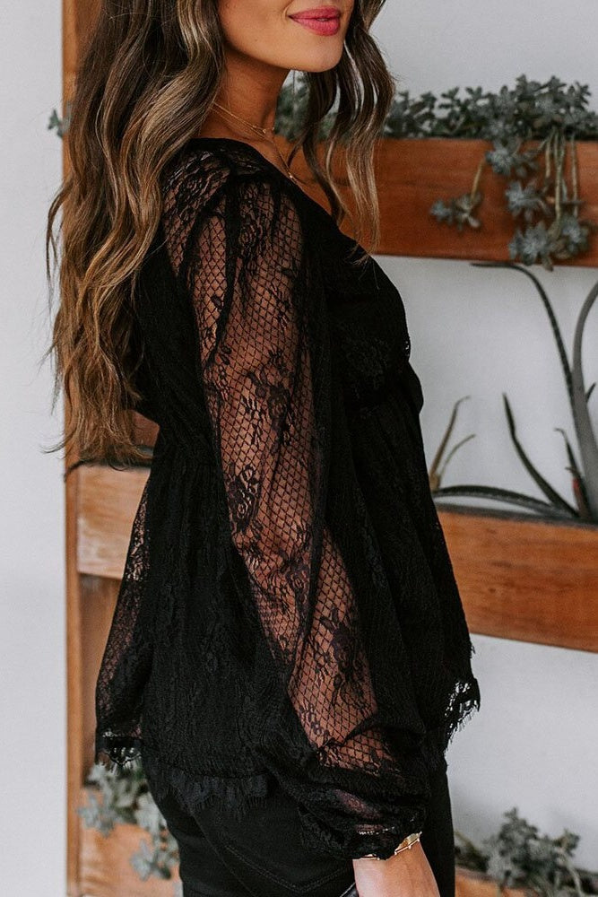 V-Neck Lace Embroidery Long-Sleeve Blouse with Bow Knot Sai Feel