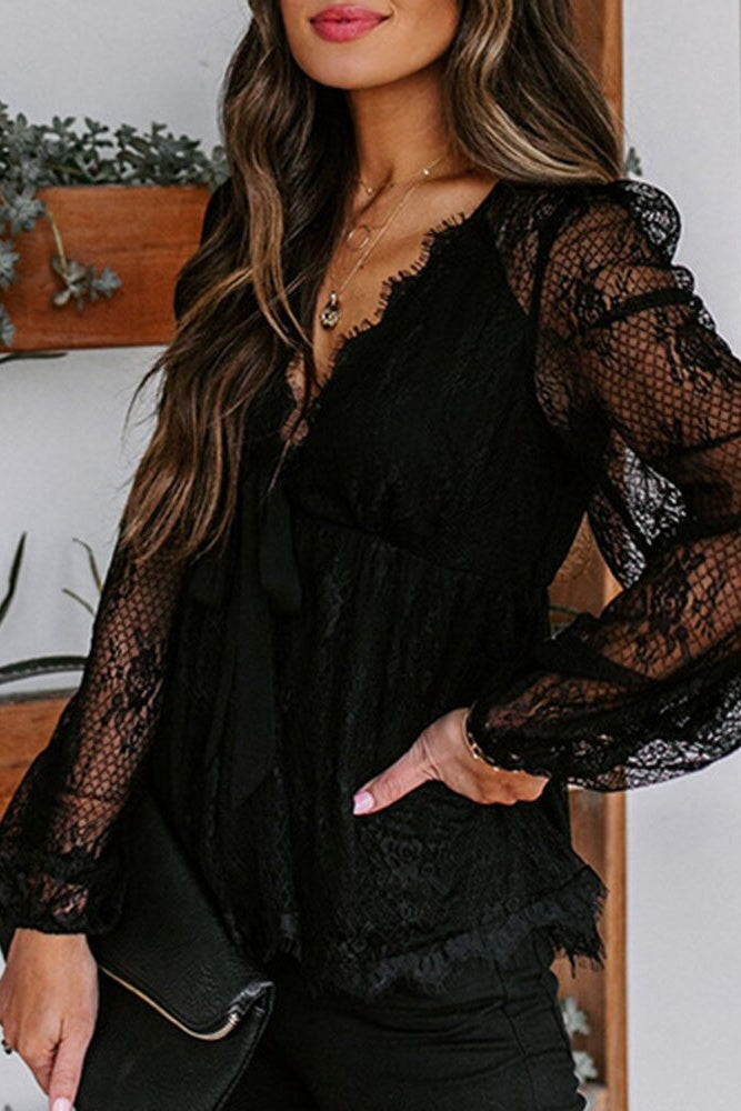 V-Neck Lace Embroidery Long-Sleeve Blouse with Bow Knot Sai Feel