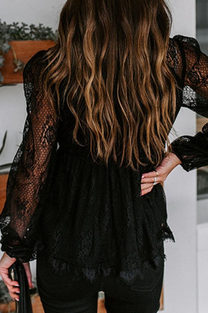 V-Neck Lace Embroidery Long-Sleeve Blouse with Bow Knot Sai Feel