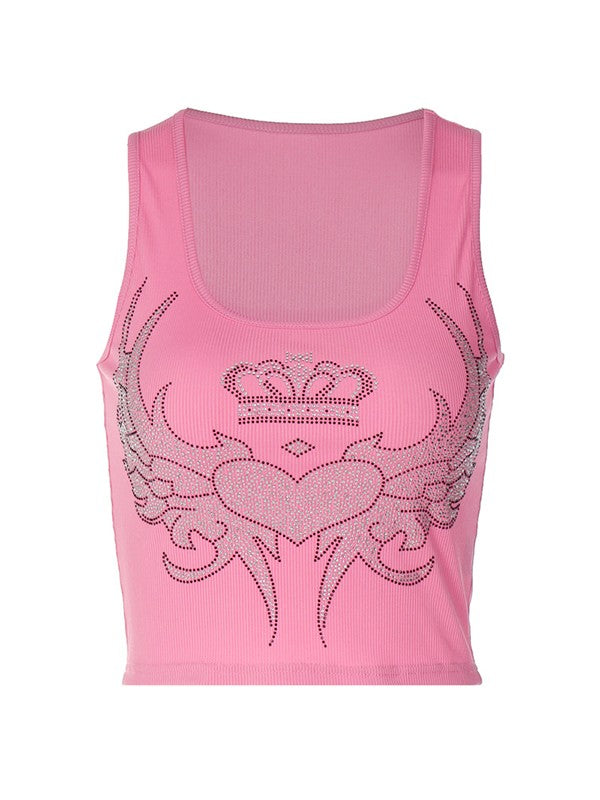 Geripptes kurzes Tanktop mit Strass- und Herz-Anhänger