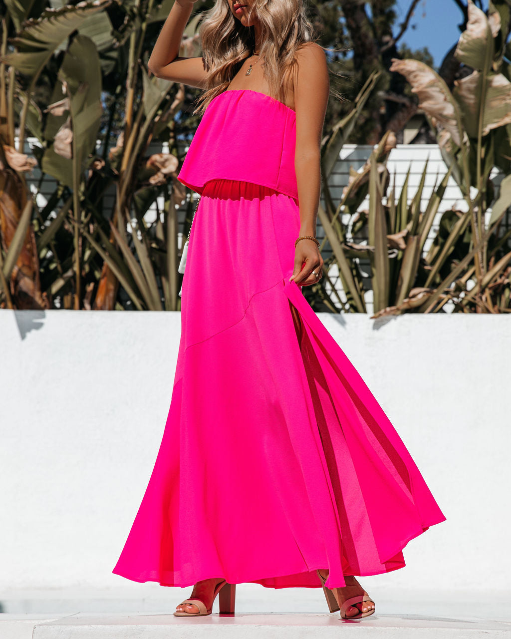 Vivid Trägerloses Maxikleid mit Schlitz - Hot Pink