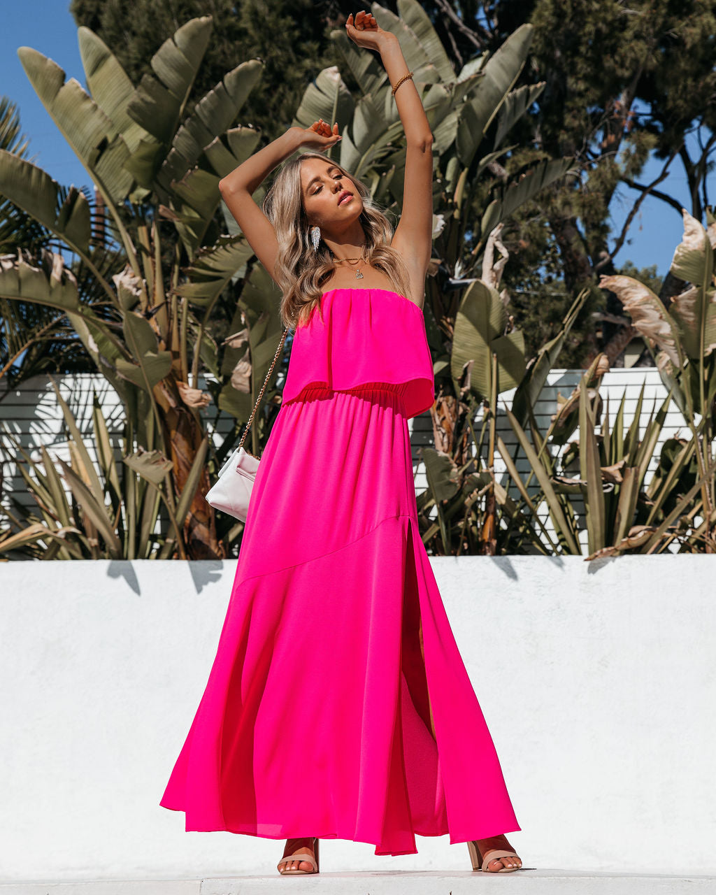 Vivid Trägerloses Maxikleid mit Schlitz - Hot Pink