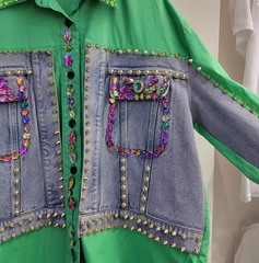 Cuello Peter Pan verde DIY, falso dos piezas, patchwork, top vaquero de manga larga