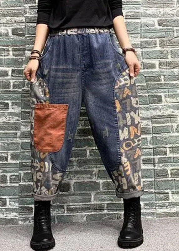 Blaue Haremshose aus Denim mit Patchwork-Print und Taschen