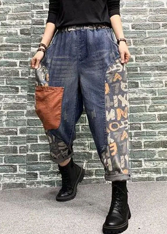 Blaue Haremshose aus Denim mit Patchwork-Print und Taschen