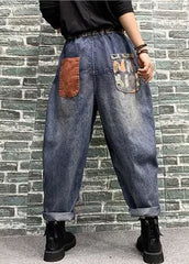 Blaue Haremshose aus Denim mit Patchwork-Print und Taschen