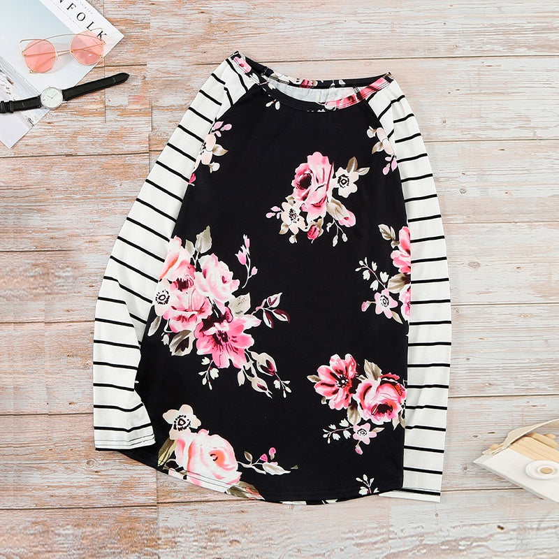 Damen-Baseball-Sweatshirt mit Blumenmuster und gestreiftem Ellenbogen-Patch, lange Ärmel, Rundhalsausschnitt